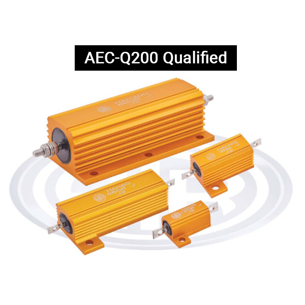 Four 'Aluminium Housed Resistor' product models placed on top of HTR logo